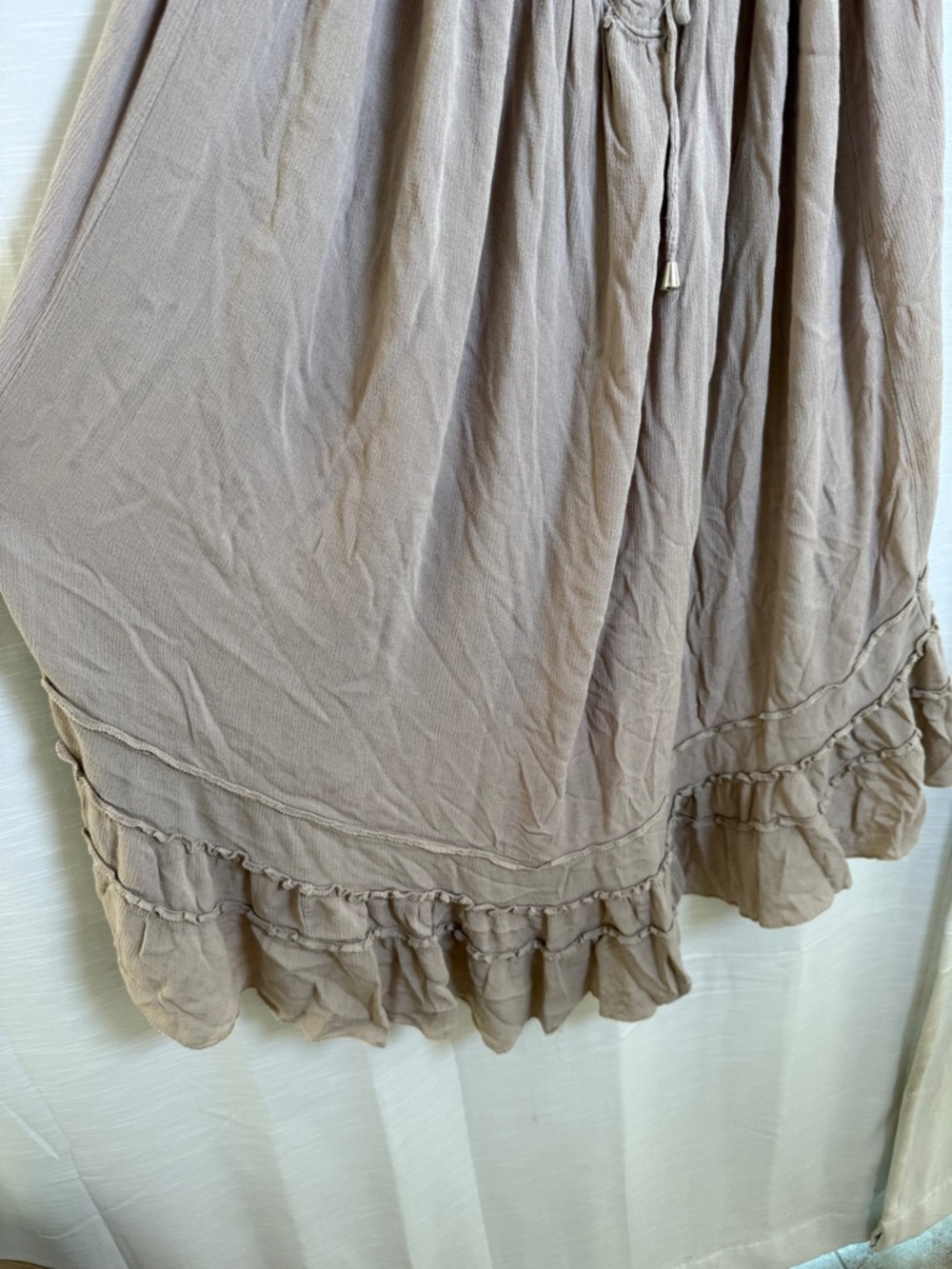 Beige Smocked Maxi Dress Boho Tiered Ruffle Strappy Back Flowy Summer | Size S - Picture 12 of 15